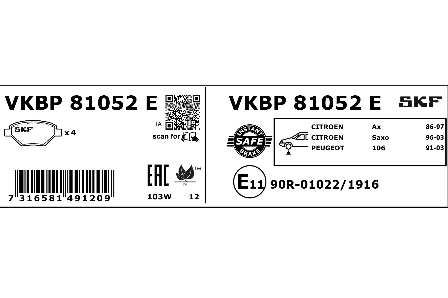 SKF VKBP 81052 E Bremsbelagsatz, Scheibenbremse
